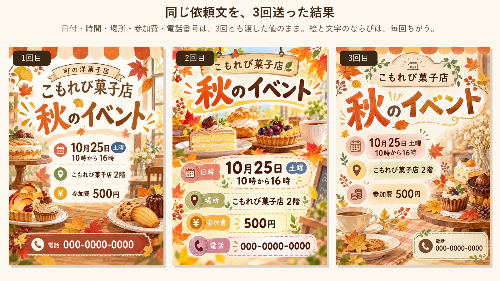 同じ依頼文を3回送った結果を3枚並べた図