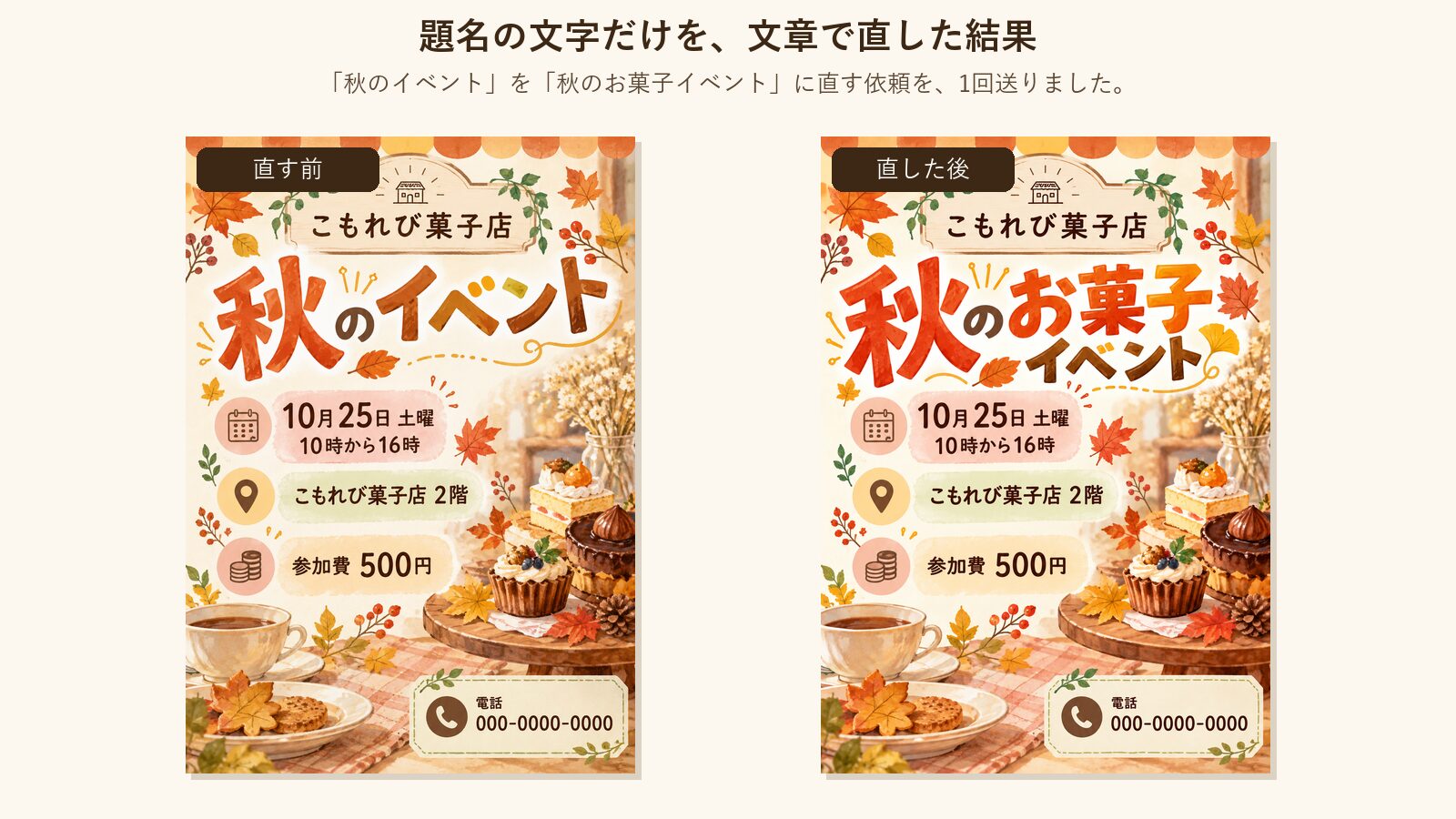 題名の文字だけを、文章で直す前と直した後